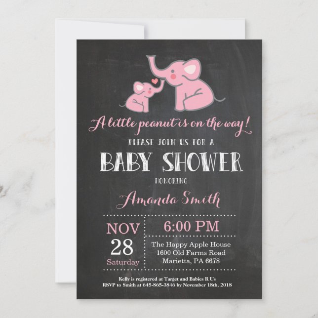 Elephant Baby Shower Invitation Pink and Gray (Front)