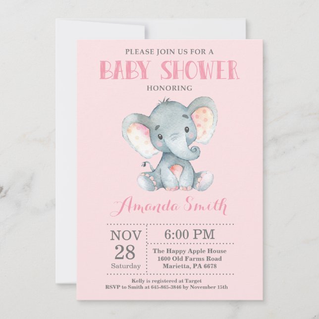Elephant Baby Shower Invitation Pink and Gray (Front)