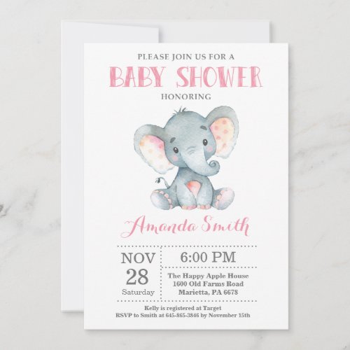 Elephant Baby Shower Invitation Pink and Gray