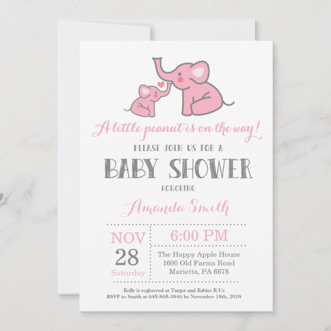 Elephant Baby Shower Invitation Pink and Gray (Front)