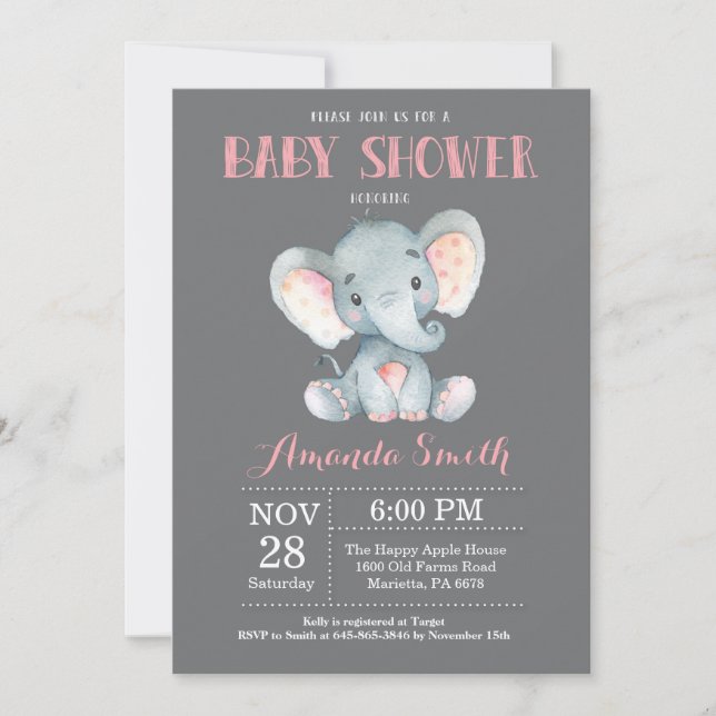 Elephant Baby Shower Invitation Pink and Gray (Front)