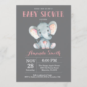 Elephant Baby Shower Invitation Pink and Gray