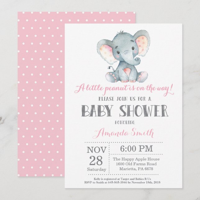 Elephant Baby Shower Invitation Pink and Gray (Front/Back)