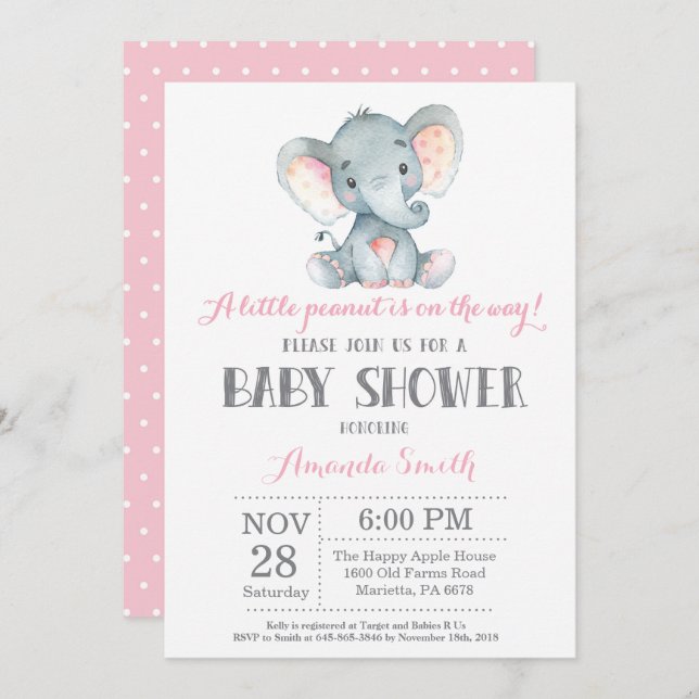 Elephant Baby Shower Invitation Pink and Gray (Front/Back)