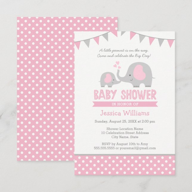 Elephant Baby Shower Invitation Pink and Grey (Front/Back)