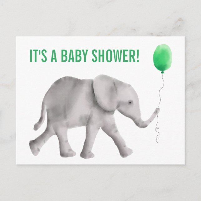Elephant Baby Shower Invitation Postcard, Green (Front)
