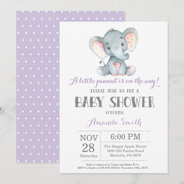 Elephant Baby Shower Invitation Purple and Gray (Front/Back)
