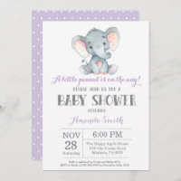 Elephant Baby Shower Invitation Purple and Gray