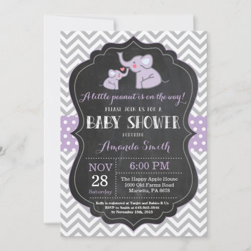 Elephant Baby Shower Invitation Purple and Gray