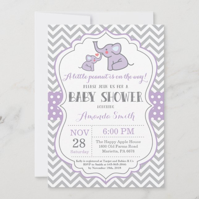 Elephant Baby Shower Invitation Purple and Gray (Front)
