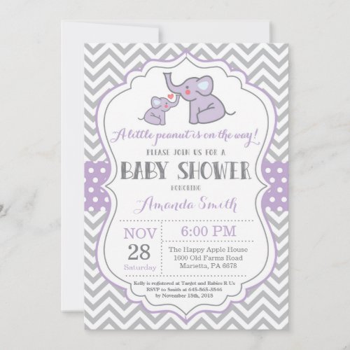 Elephant Baby Shower Invitation Purple and Gray