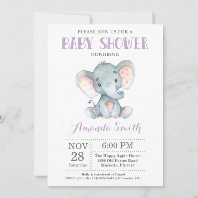 Elephant Baby Shower Invitation Purple and Gray (Front)