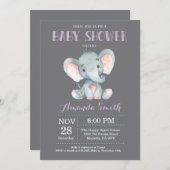 Elephant Baby Shower Invitation Purple and Gray (Front/Back)