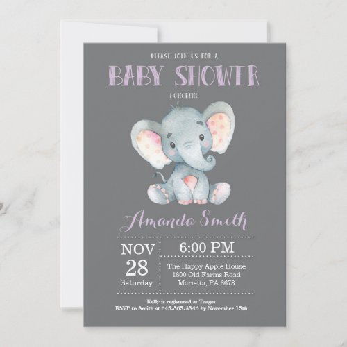 Elephant Baby Shower Invitation Purple and Gray