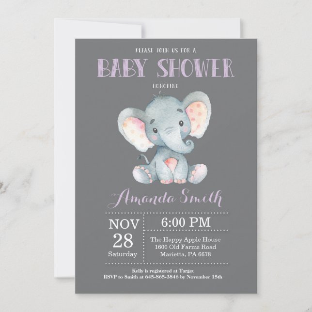 Elephant Baby Shower Invitation Purple and Gray (Front)