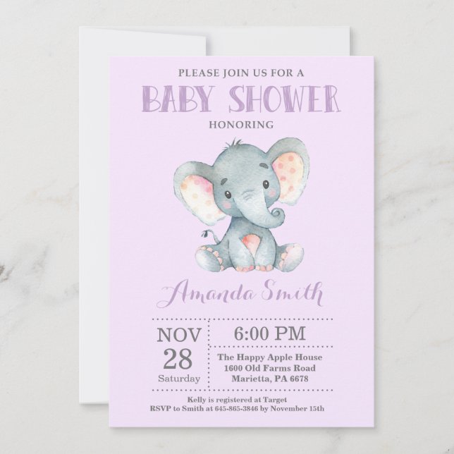 Elephant Baby Shower Invitation Purple and Gray (Front)