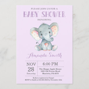 Elephant Baby Shower Invitation Purple and Gray