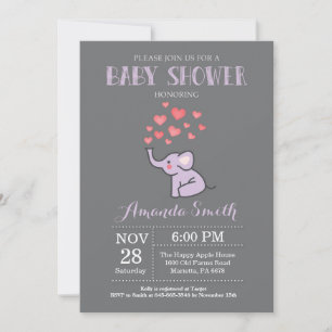 Elephant Baby Shower Invitation Purple and Gray