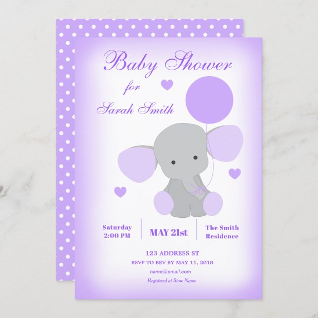 Elephant Baby Shower Invitation Purple Girl (Front/Back)