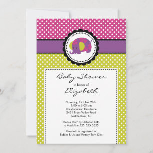 Elephant Baby Shower Invitation Purple Polka Dot