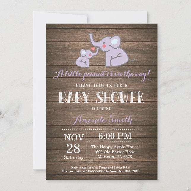 Elephant Baby Shower Invitation Purple Rustic (Front)
