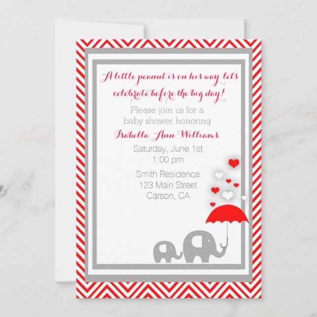 elephant Baby Shower Invitation- Red and Gray Invitation (Front)