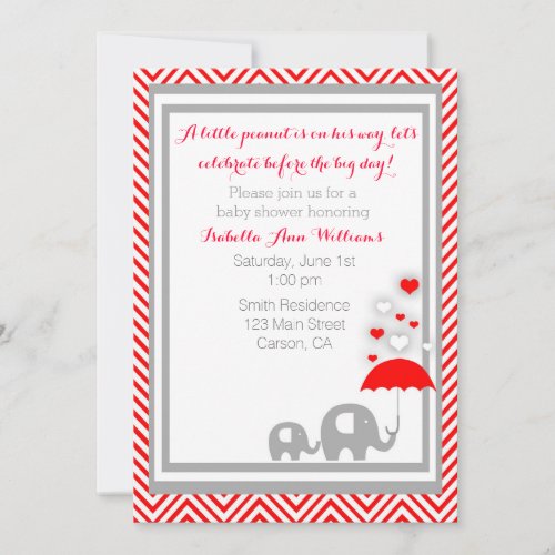 elephant Baby Shower Invitation- Red and Gray