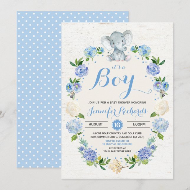 Elephant Baby Shower Invitation Rustic Boy Shower (Front/Back)