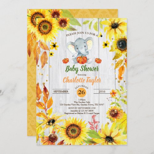 Elephant baby shower invitation sunflower fall