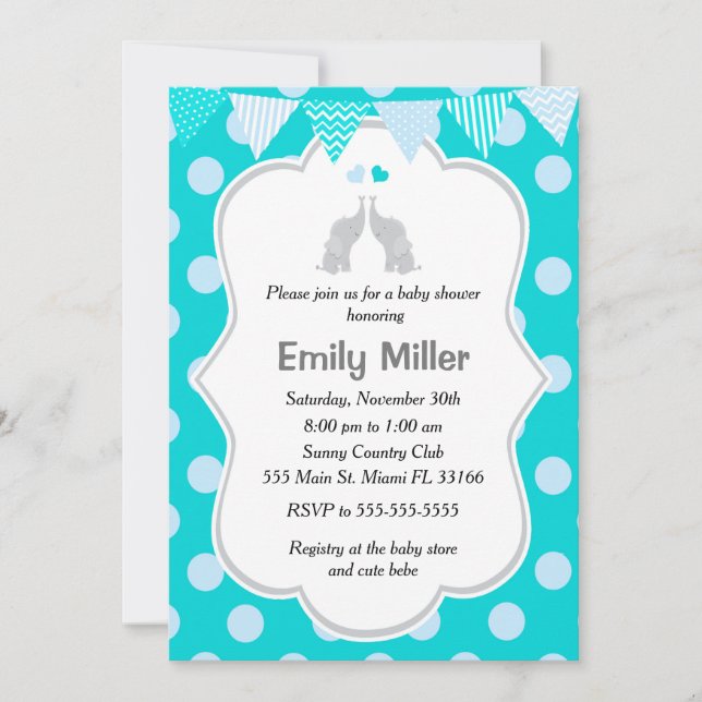 Elephant Baby Shower Invitation Teal Blue Twins (Front)