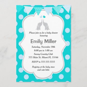 Elephant Baby Shower Invitation Teal Blue Twins by pinkthecatdesign at Zazzle