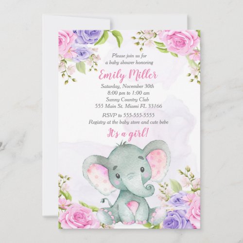 Elephant Baby Shower Invitation Watercolor