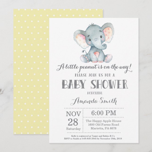 Elephant Baby Shower Invitation Yellow and Gray (Front/Back)