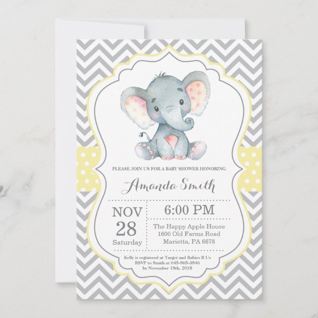 Elephant Baby Shower Invitation Yellow and Gray (Front)
