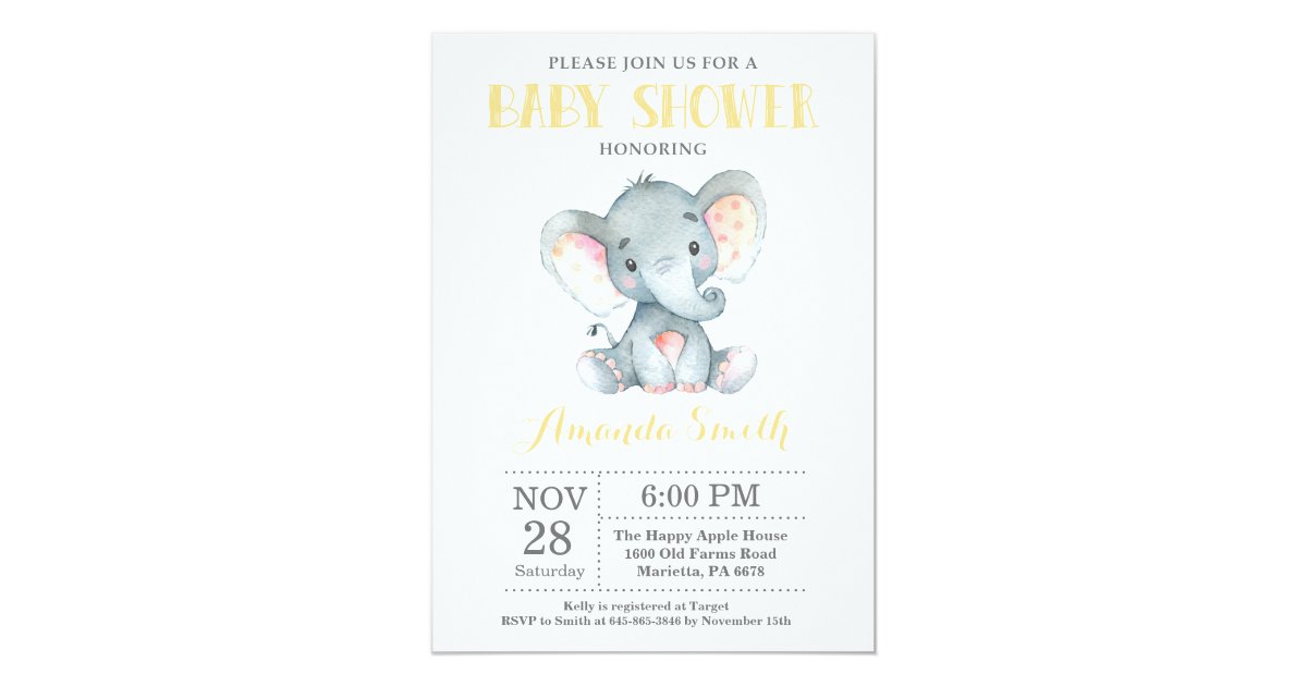 Elephant Baby Shower Invitation Yellow and Gray
