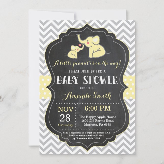 Elephant Baby Shower Invitation Yellow and Gray (Front)