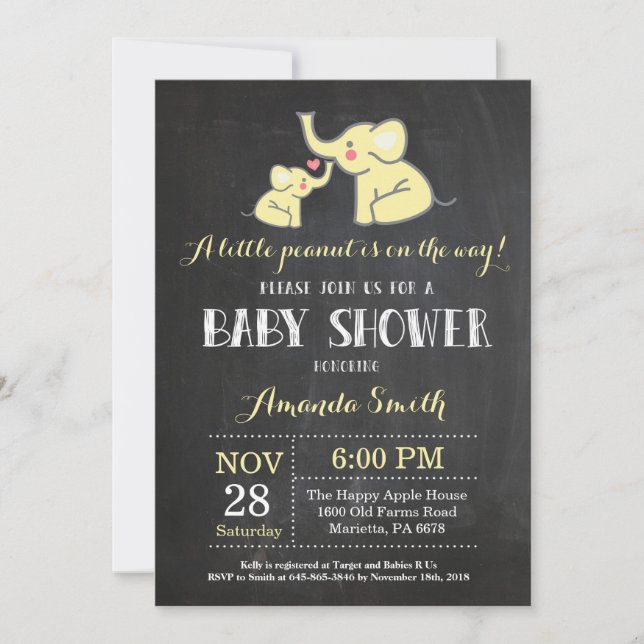 Elephant Baby Shower Invitation Yellow and Gray (Front)