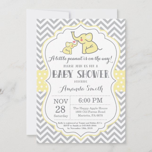 Elephant Baby Shower Invitation Yellow and Gray (Front)