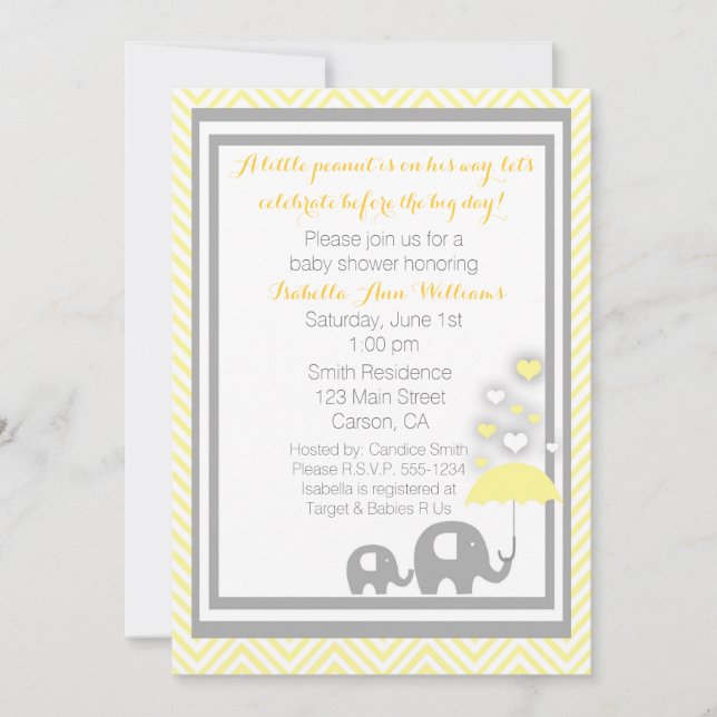 Elephant Baby Shower Invitation- Yellow and Gray Invitation (Front)