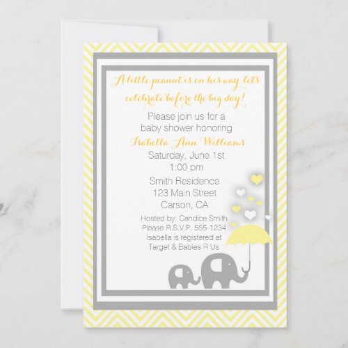 Elephant Baby Shower Invitation- Yellow and Gray