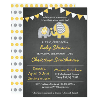 Elephant Baby Shower Invitation Yellow and Grey