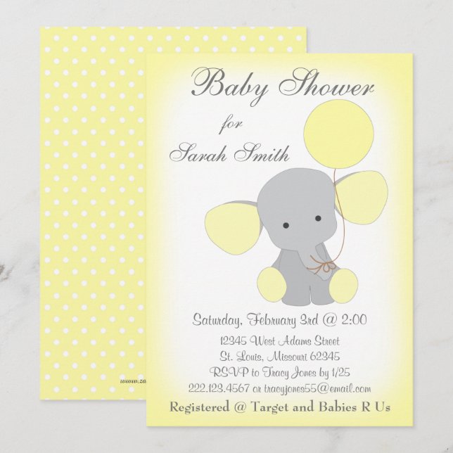 Elephant Baby Shower Invitation Yellow Gray (Front/Back)