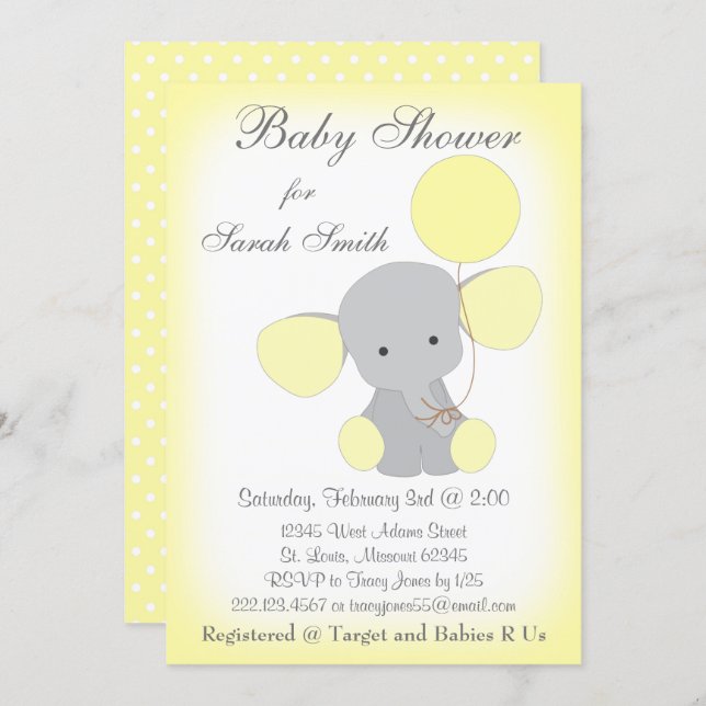 Elephant Baby Shower Invitation Yellow Gray (Front/Back)
