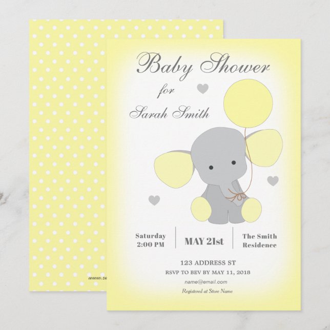 Elephant Baby Shower Invitation Yellow Neutral (Front/Back)
