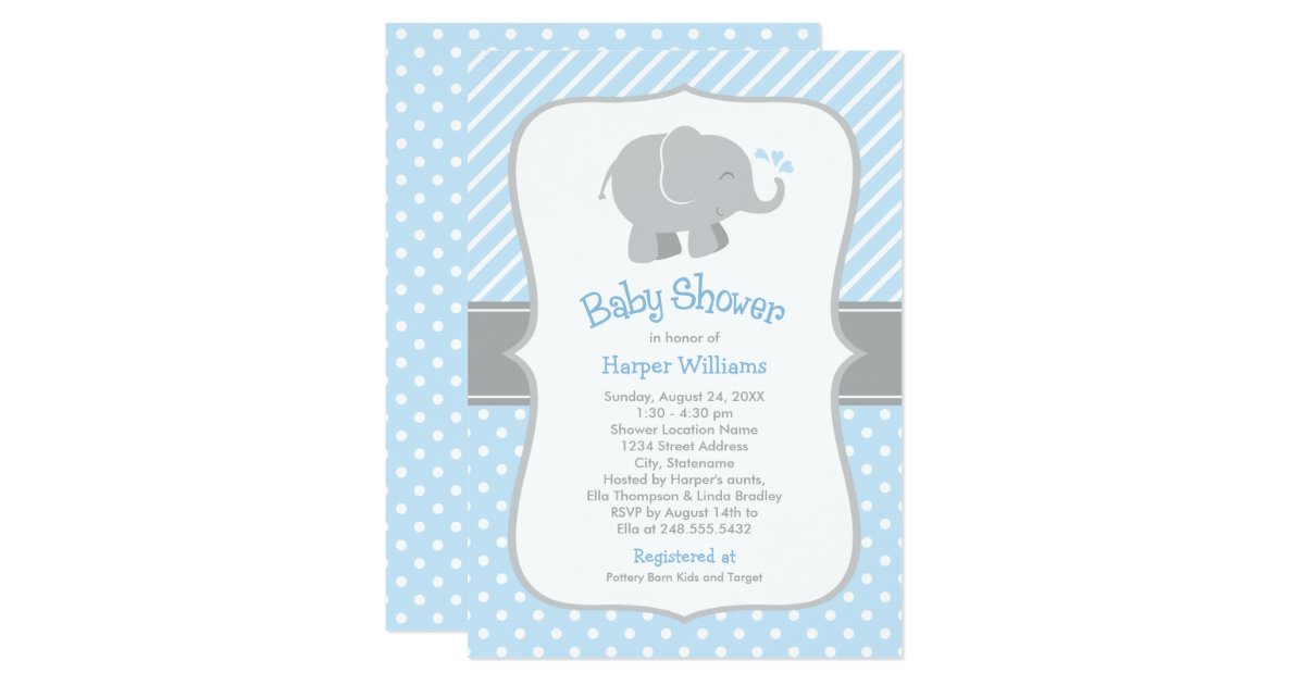 Elephant Baby Shower Invitations Blue and Gray