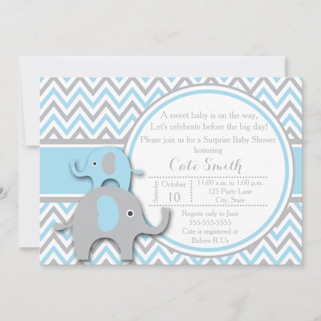 Elephant Baby Shower Invitations, Blue and Gray Invitation (Front)