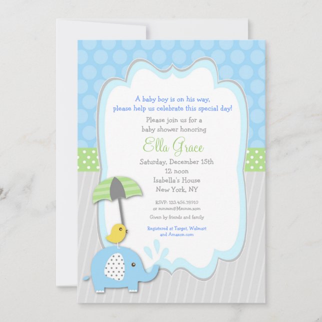 Elephant Baby Shower Invitations boy (Front)