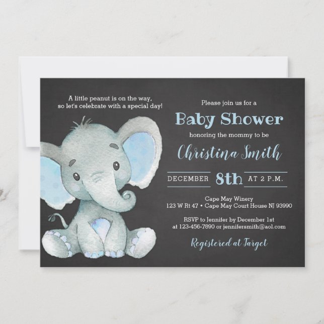 Elephant Baby Shower Invitations for a Boy (Front)
