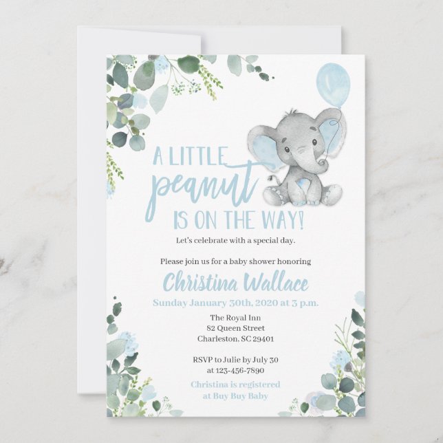 Elephant Baby Shower Invitations for a Boy (Front)