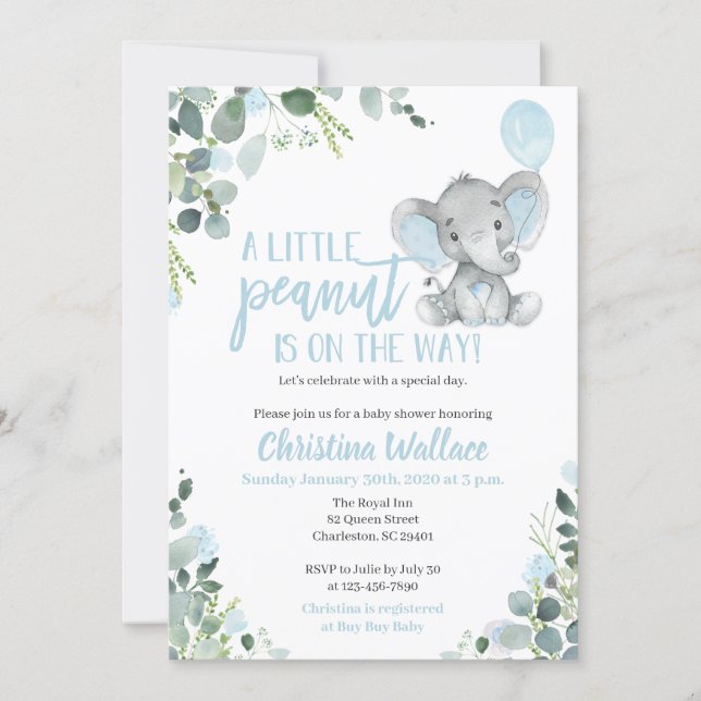 Elephant Baby Shower Invitations for a Boy (Front)